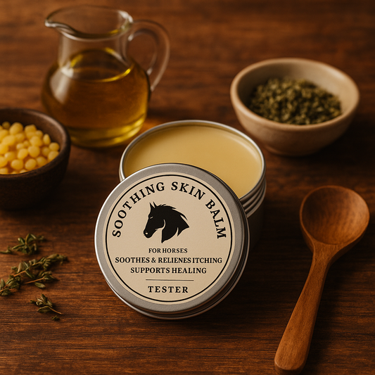 Cricket’s Magic Balm in silver tin with apothecary label, soothing skin balm for horses