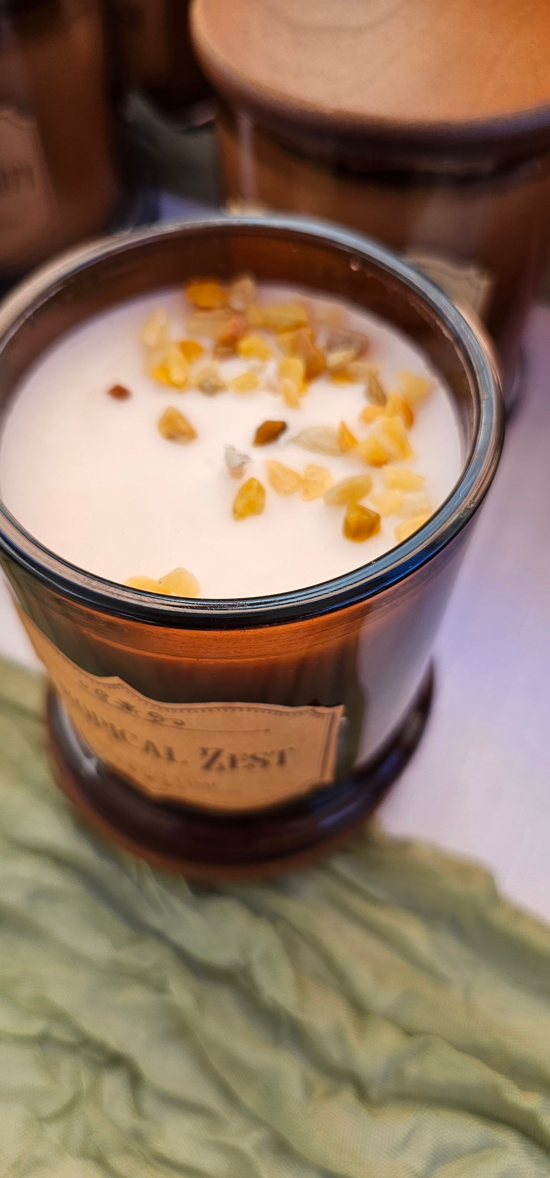 Coconut lime soy candle with yellow aventurine, botanical aroma, amber jar