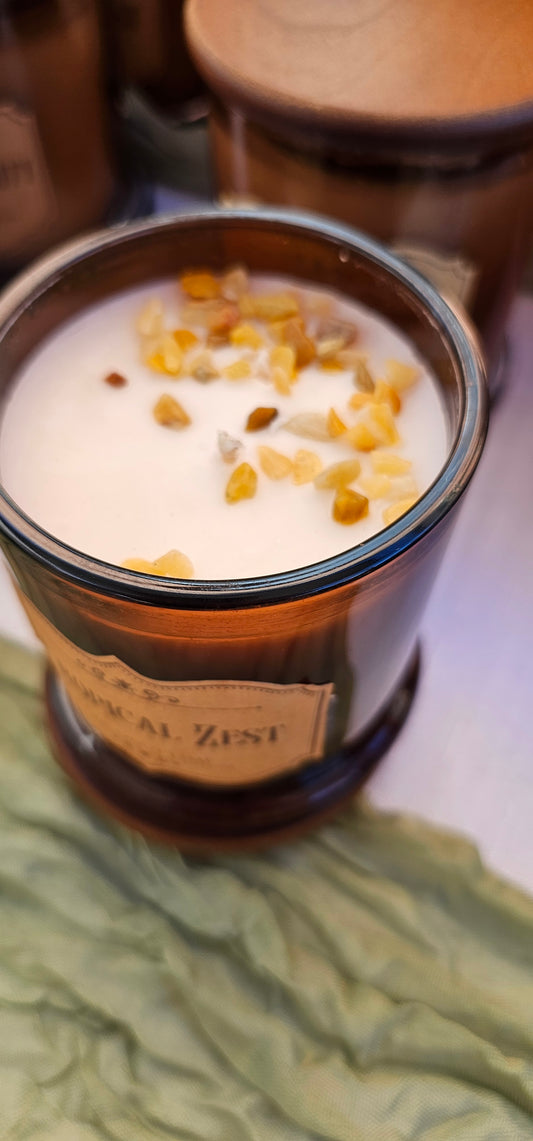 Coconut lime soy candle with yellow aventurine, botanical aroma, amber jar